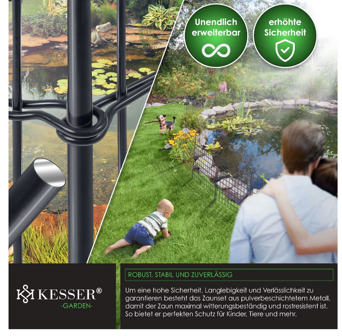 Vijverhek tuinhek steekhek - 5x hek met 1x hamer 6 bevestigingsstaven - metaal - boog - Afbeelding 2