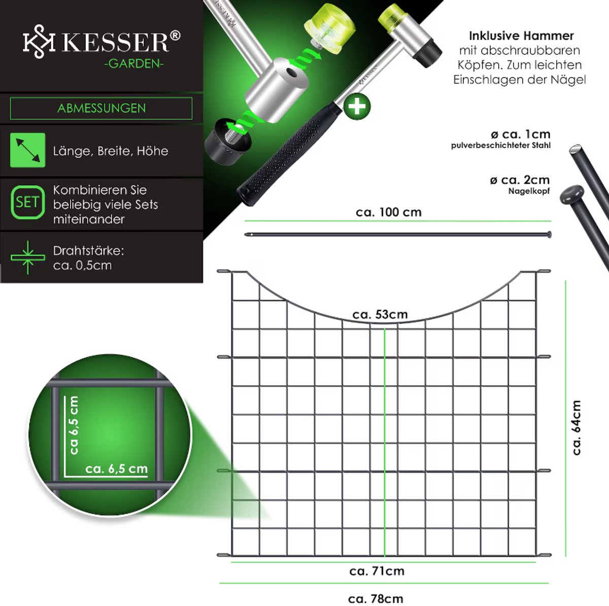 Vijverhek tuinhek steekhek - 5x hek met 1x hamer 6 bevestigingsstaven - metaal - boog - Afbeelding 3