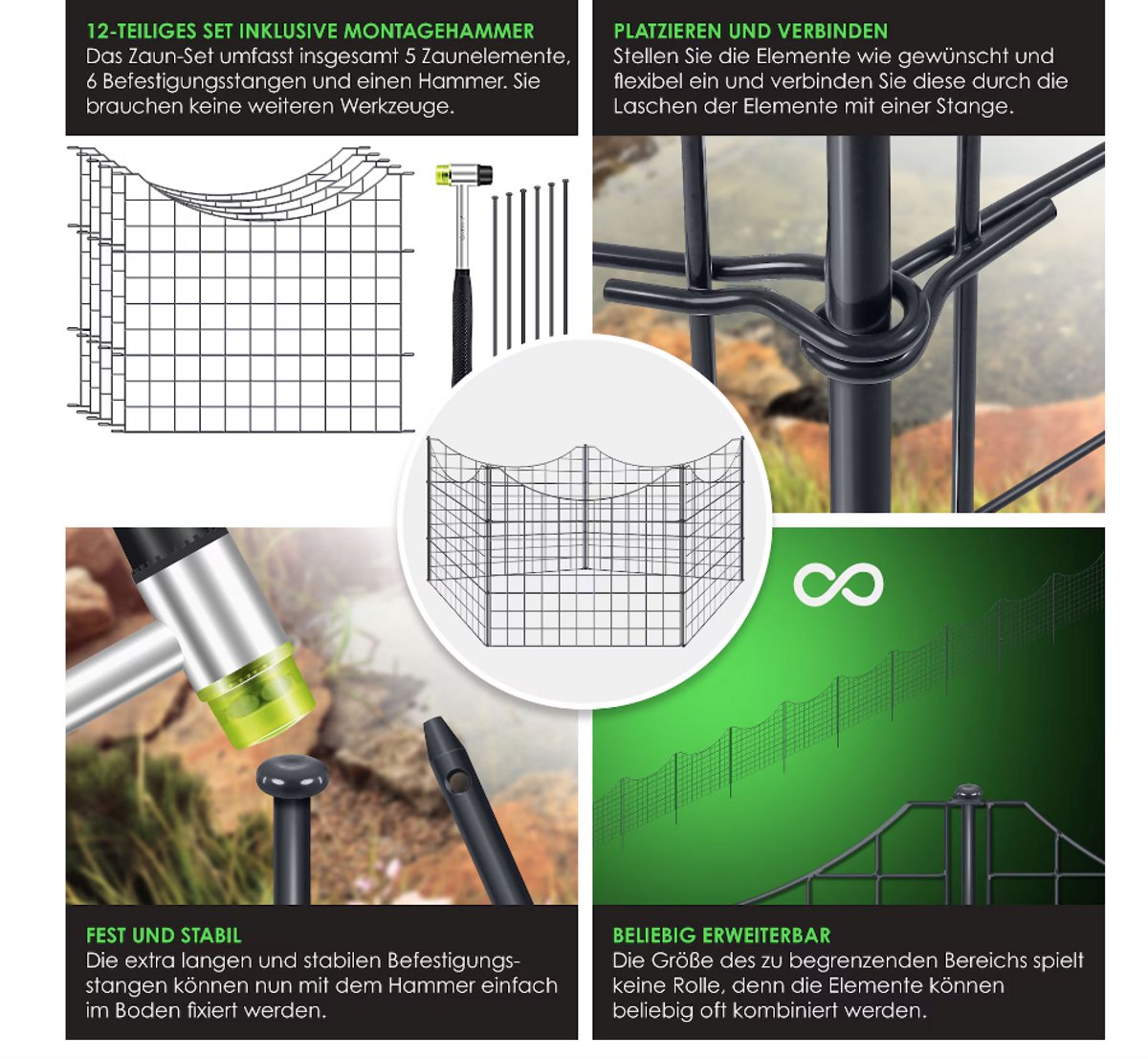 Vijverhek tuinhek steekhek - 5x hek met 1x hamer 6 bevestigingsstaven - metaal - boog - Afbeelding 4