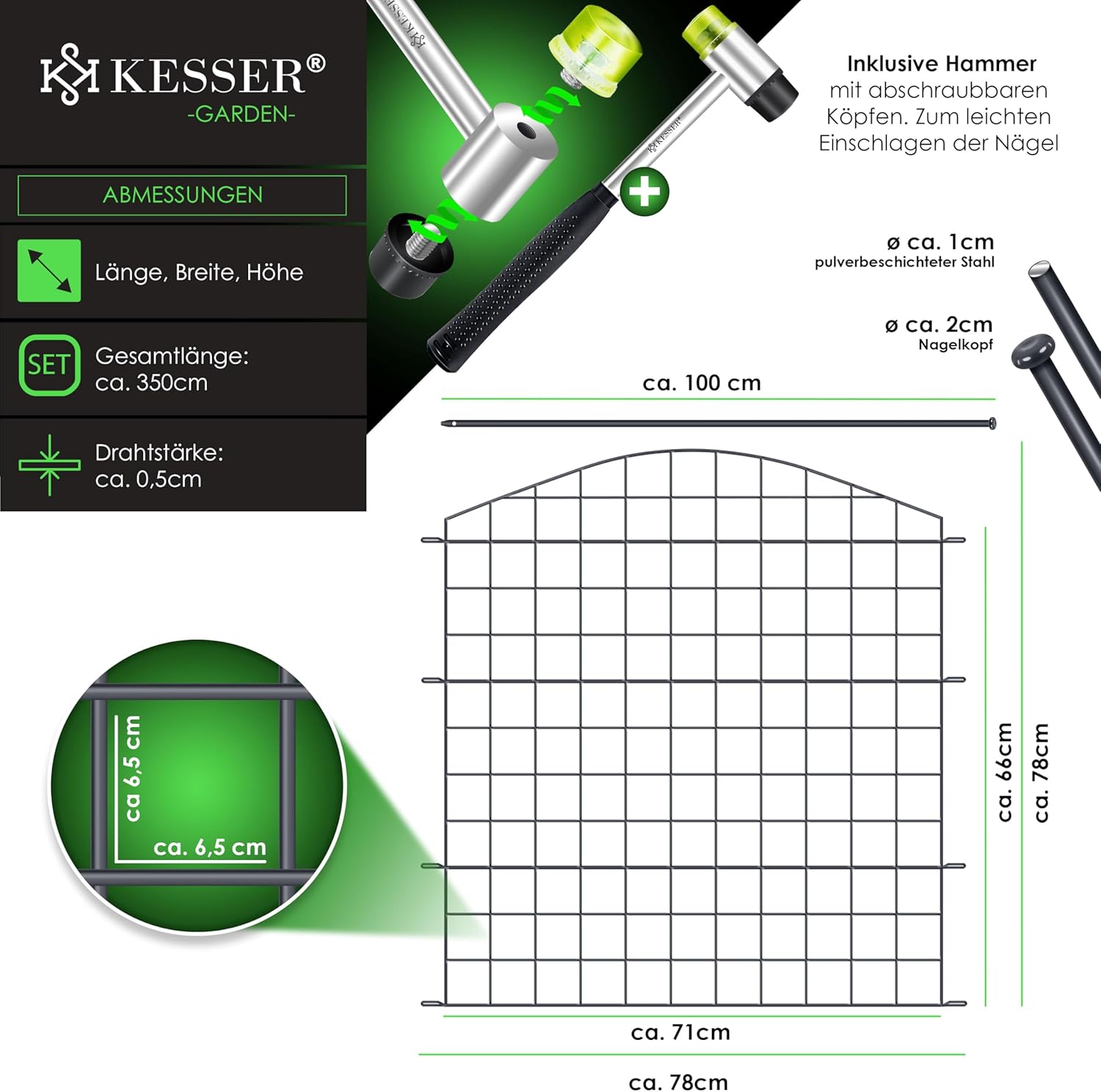 Vijverhek tuinhek steekhek - 5x hek met 1x hamer 6 bevestigingsstaven - metaal - Afbeelding 7