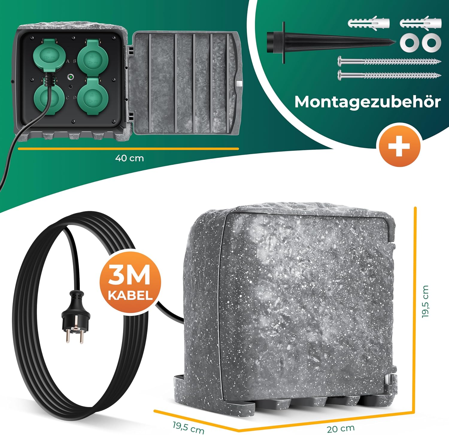 BOLD slim buitenstopcontact tuin steenlook - 4-voudige stekkerverdeler IP44 (WLAN, Smart Home