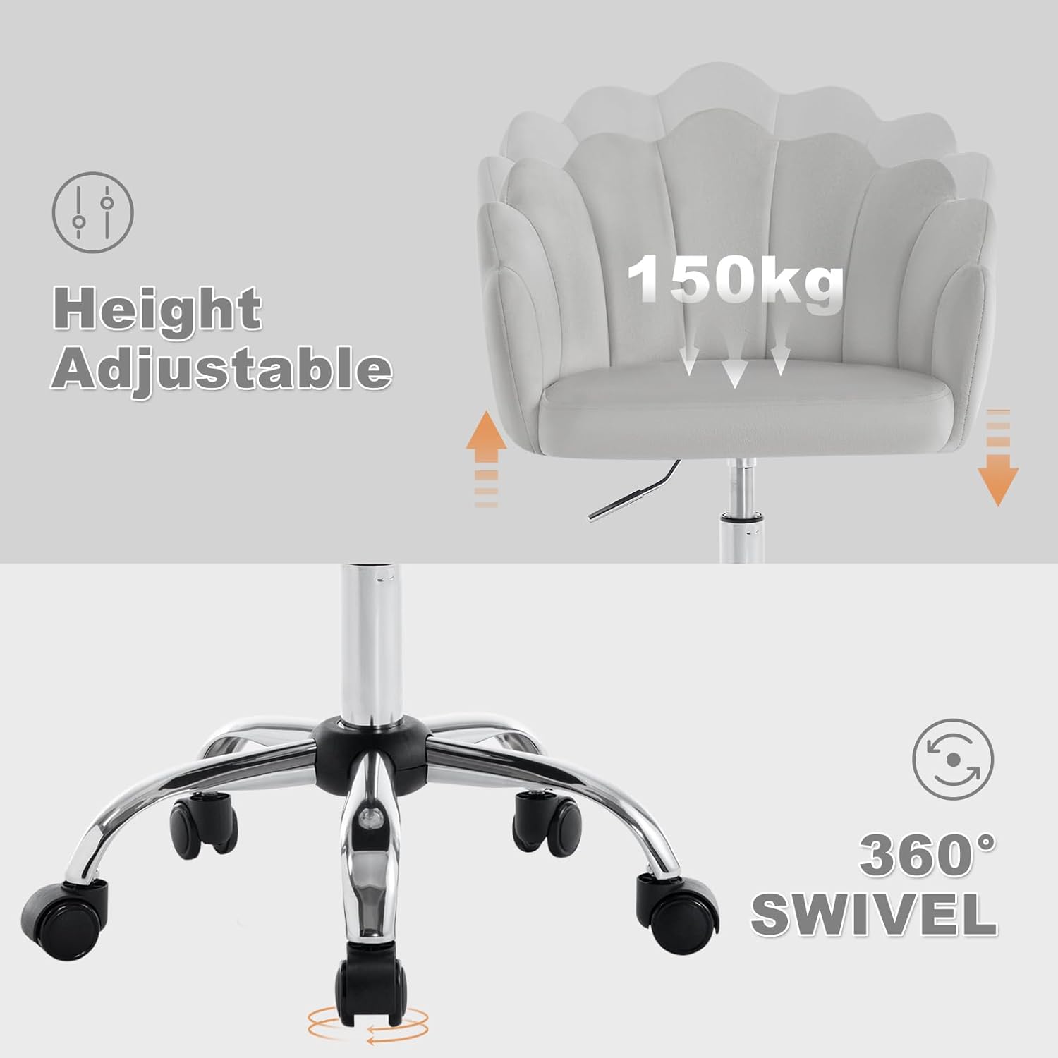 Bureaustoel - metaal - met wielen - stijlvol design - grijs met chrome - Afbeelding 5