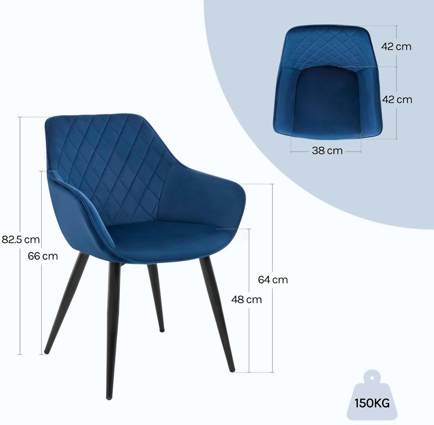 2x woonkamerstoelen / eetkamerstoelen - blauw - met armleuningen -diepblauw met zwart - fluweel metaal - Afbeelding 3