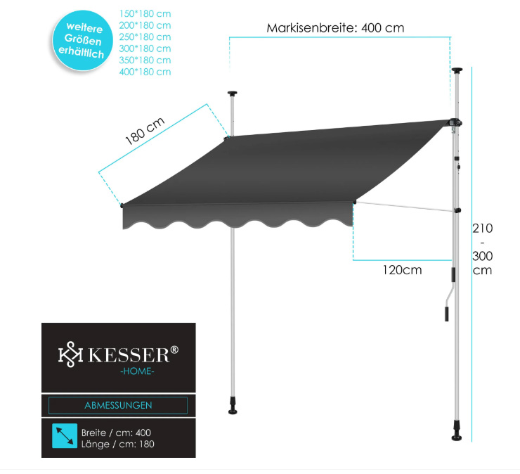 Klemzonwering / zonnescherm met handzwengel - breedte 400 cm - voor balkon en overkapping - zonder boren - hoogte verstelbaar - antraciet - Afbeelding 6