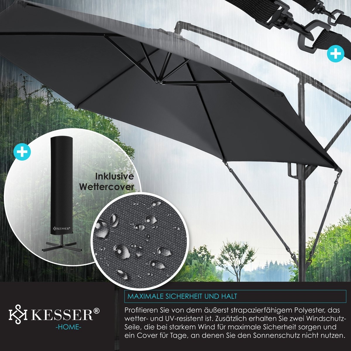 Zweefparasol - diameter 300cm - parasol 360° draaibaar - met beschermhoes - antraciet - Afbeelding 5