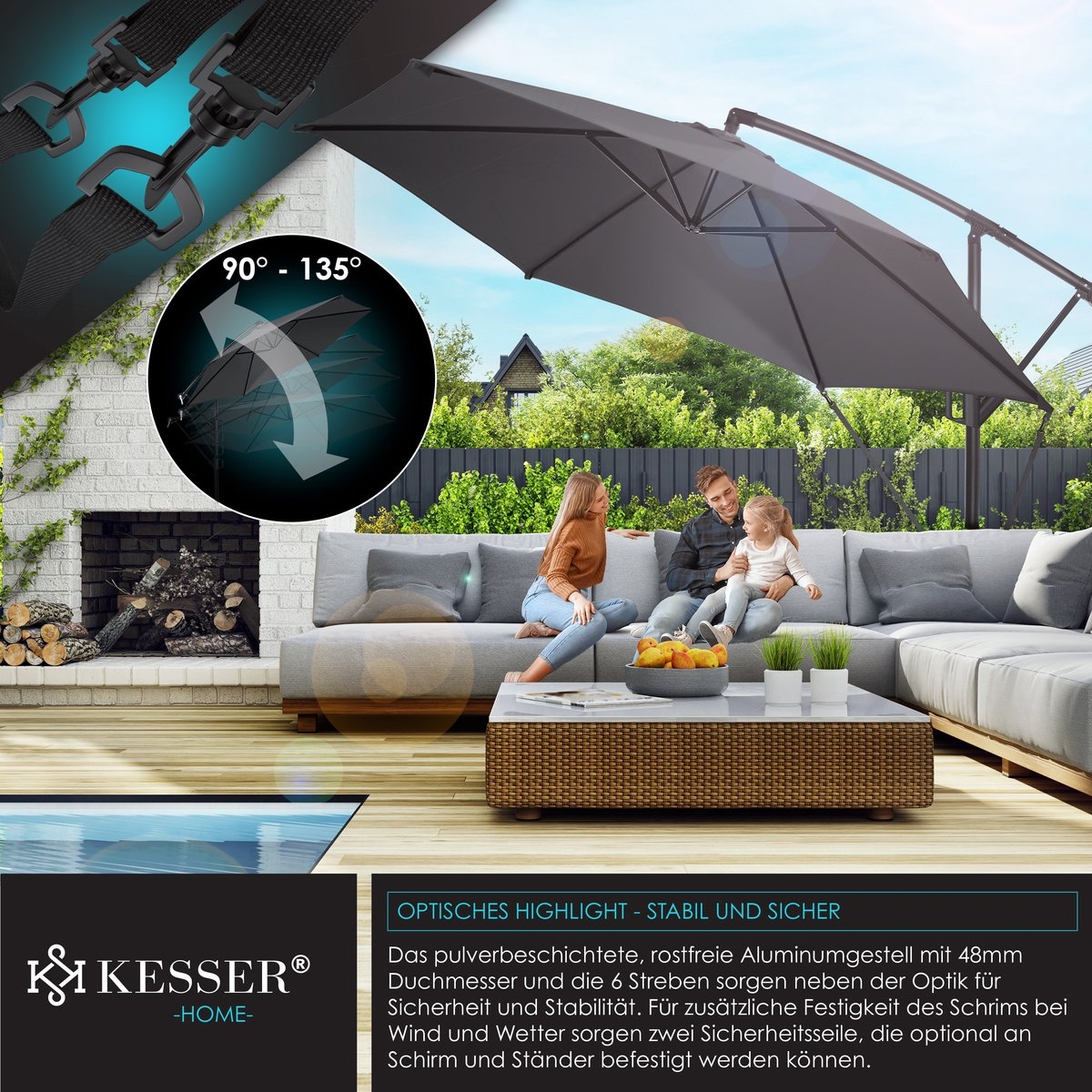 Zweefparasol - diameter 300cm - parasol 360° draaibaar - met beschermhoes - antraciet - Afbeelding 6