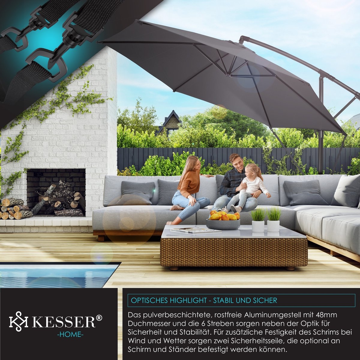 Zweefparasol - diameter 300cm - parasol 360° draaibaar - met beschermhoes - antraciet - Afbeelding 10