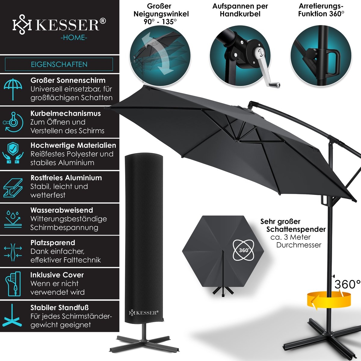 Zweefparasol - diameter 300cm - parasol 360° draaibaar - met beschermhoes - antraciet - Afbeelding 11
