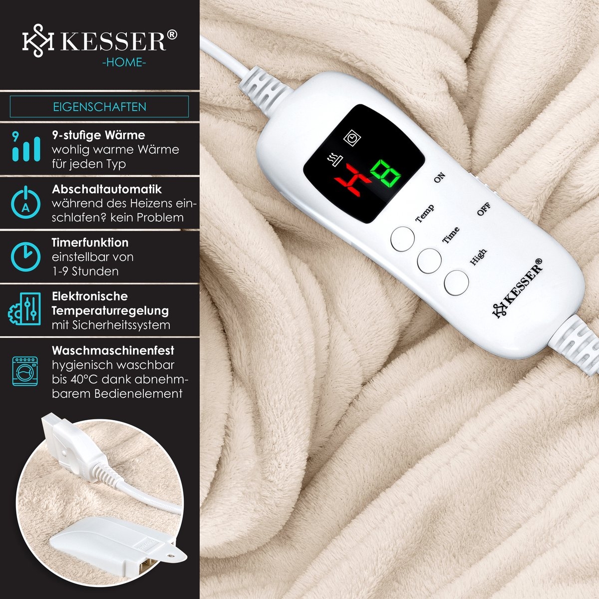 Elektrische warmtedeken 160x20 cm - onderdeken - timer - 9 temperatuurstanden - beige - Afbeelding 2
