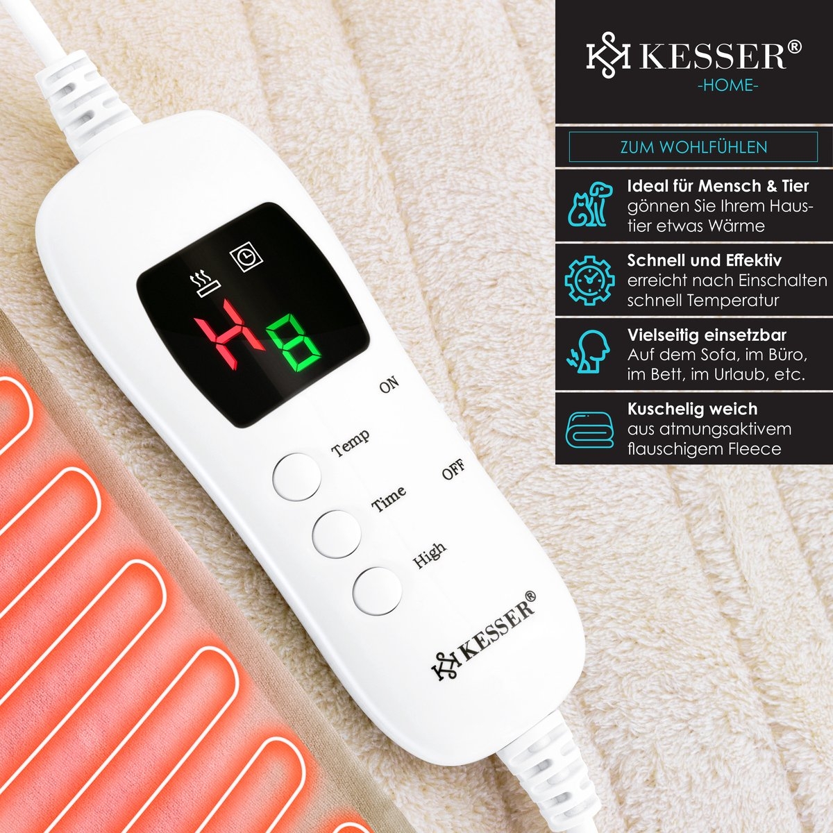 Elektrische warmtedeken 160x20 cm - onderdeken - timer - 9 temperatuurstanden - beige - Afbeelding 4