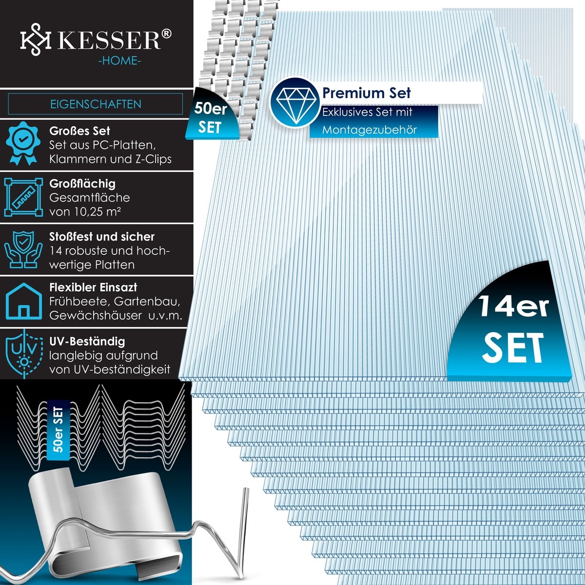 14x Dubbelwandige polycarbonaat platen - 121x60.5 cm - voor bijv. tuinkas - totaal 10,25 m² - 4 mm dik -incl 50x Klemmen en 50x Z-Clips - doorzichtig - Afbeelding 3
