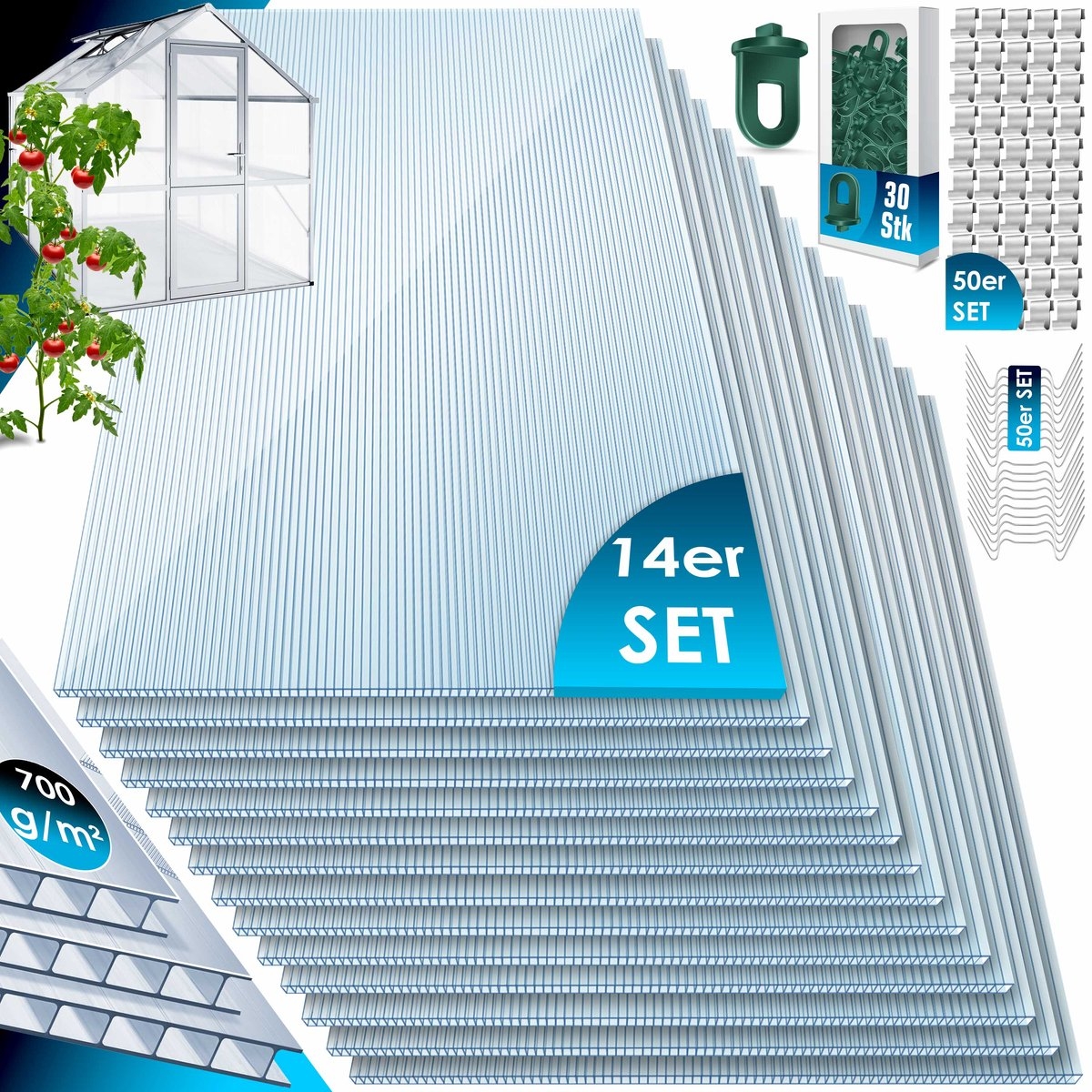 14x Dubbelwandige polycarbonaat platen - 121x60.5 cm - voor bijv. tuinkas - totaal 10,25 m² - 4 mm dik -incl 50x Klemmen en 50x Z-Clips - doorzichtig - Afbeelding 15