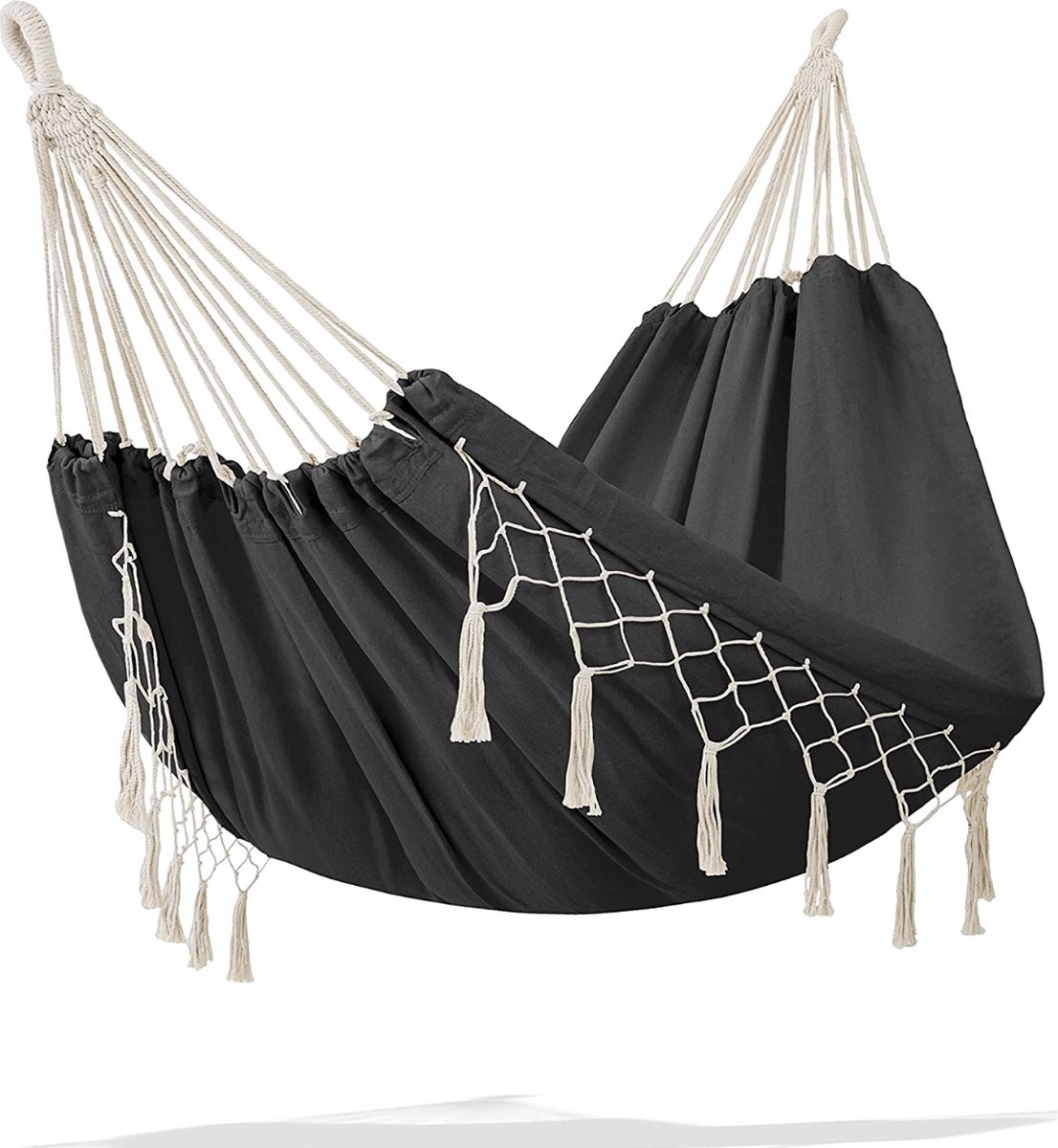 Hangmat - max 300 kg - 320 x 150 cm - voor 1 of 2 personen - met franjes - antraciet