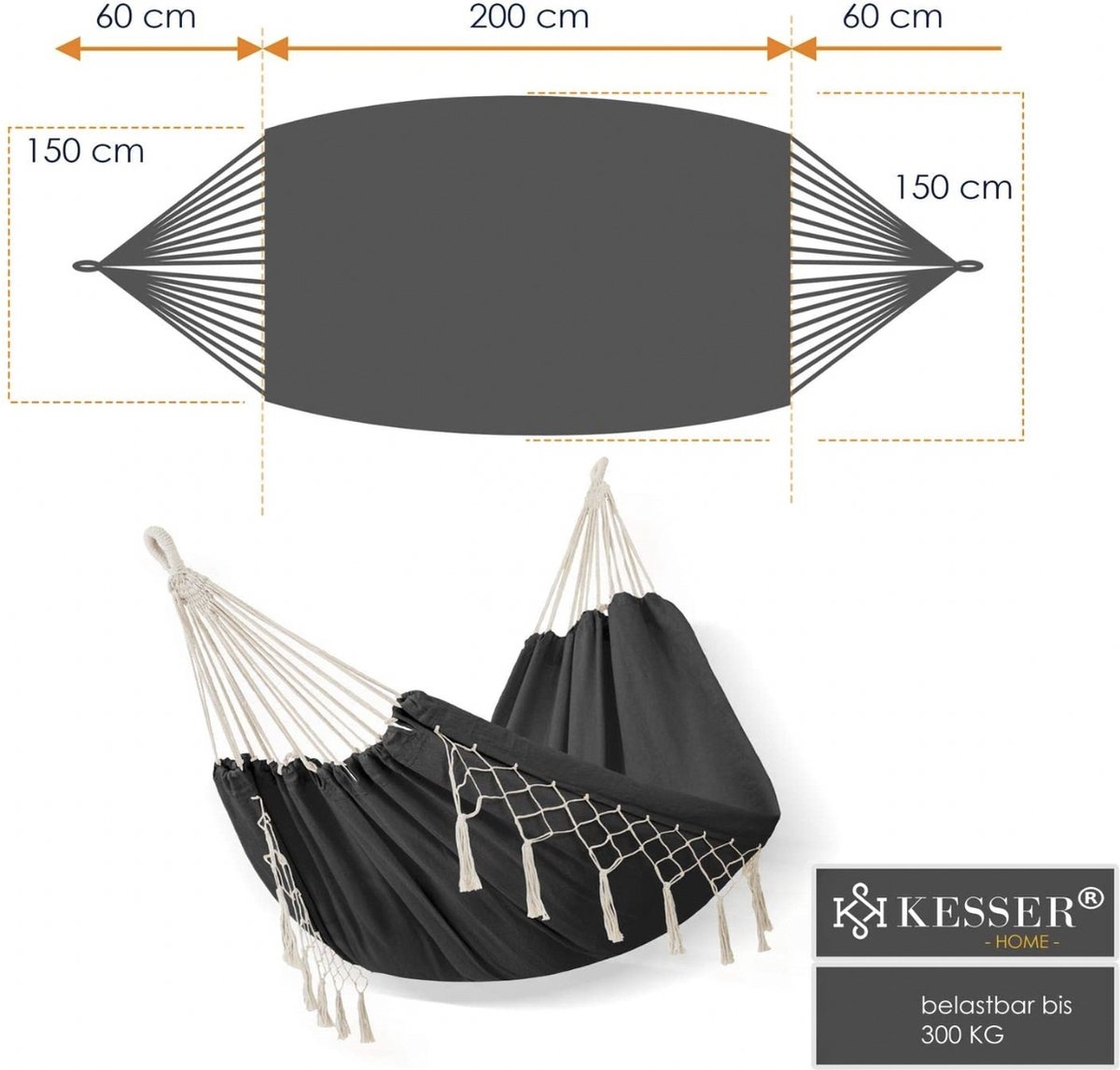 Hangmat - max 300 kg - 320 x 150 cm - voor 1 of 2 personen - met franjes - antraciet - Afbeelding 3