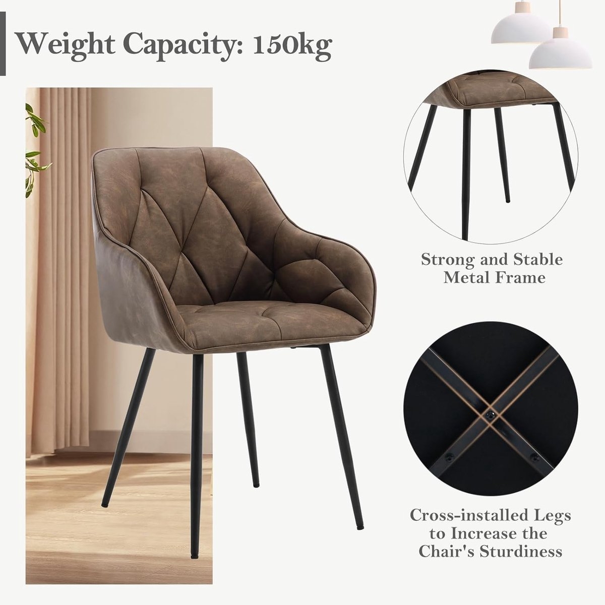 2x eetkamerstoel / kuipstoel / keukenstoel - PU leer - vintage - bruin - set van 2 stuks - Afbeelding 3