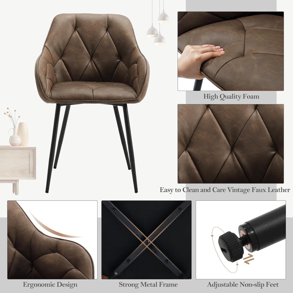 2x eetkamerstoel / kuipstoel / keukenstoel - PU leer - vintage - bruin - set van 2 stuks - Afbeelding 8