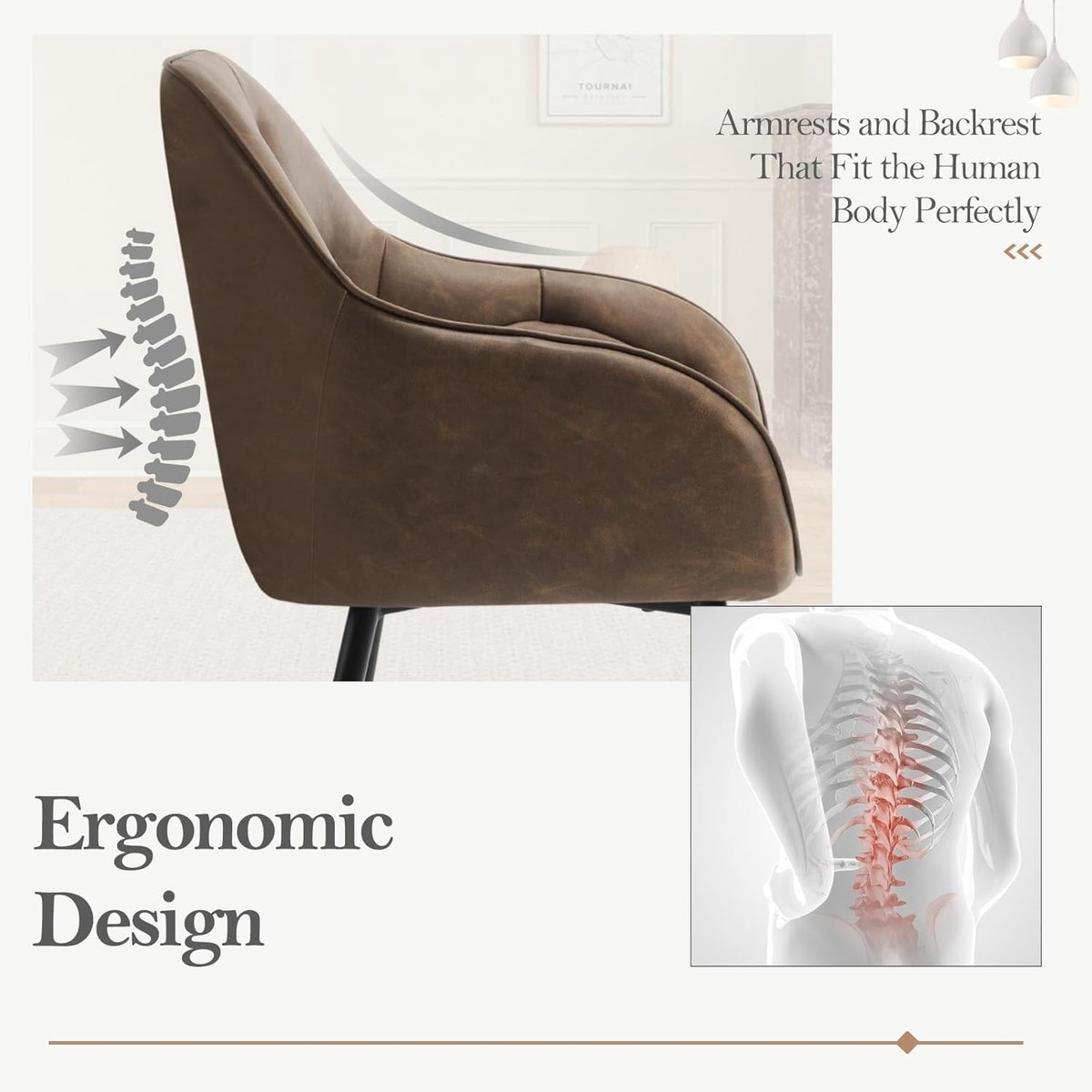 2x eetkamerstoel / kuipstoel / keukenstoel - PU leer - vintage - bruin - set van 2 stuks - Afbeelding 9