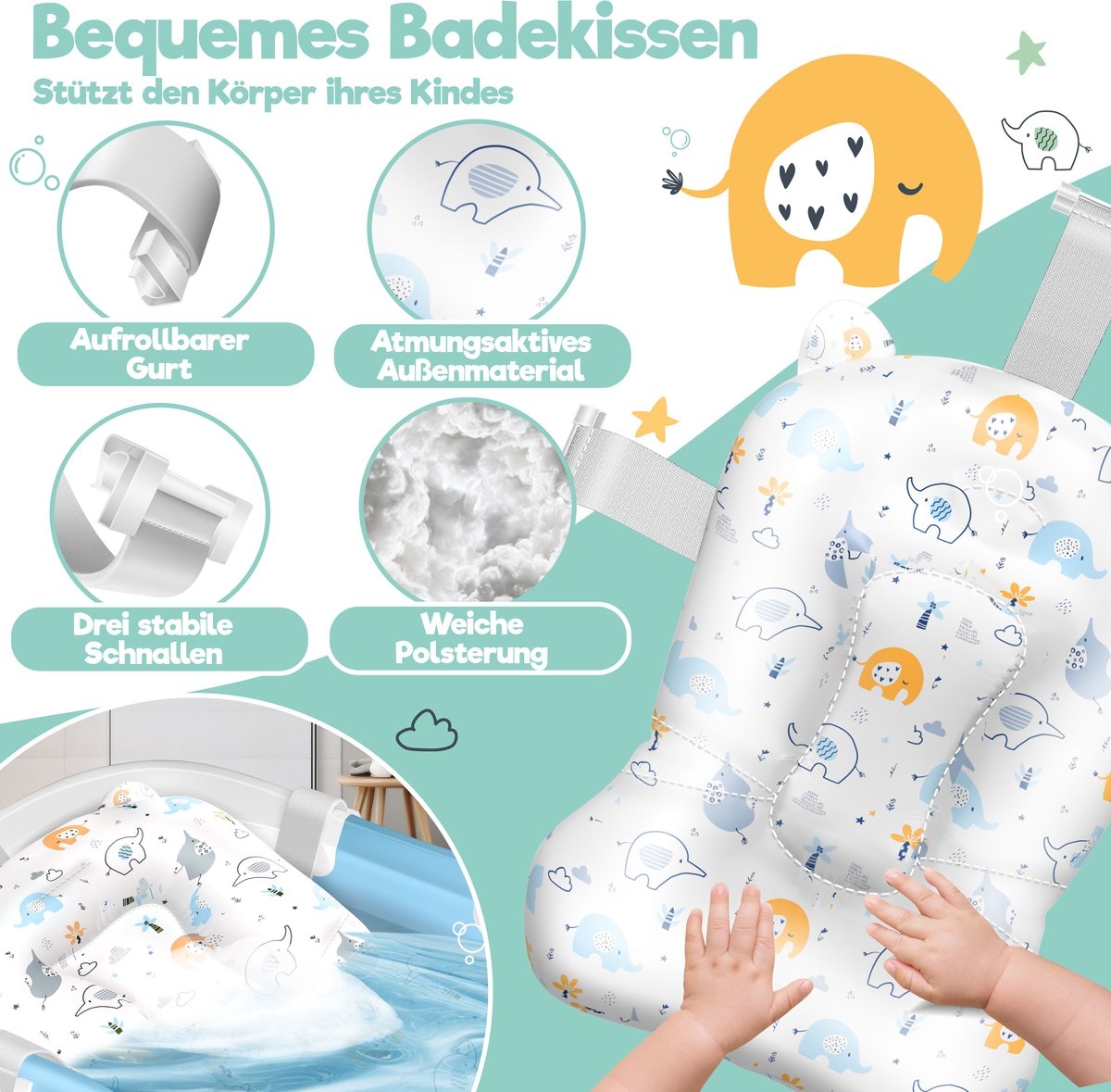 Babybadje met thermometer - zacht badkussen en afvoer - voor baby's van 0-12 maanden - blauw - Afbeelding 2