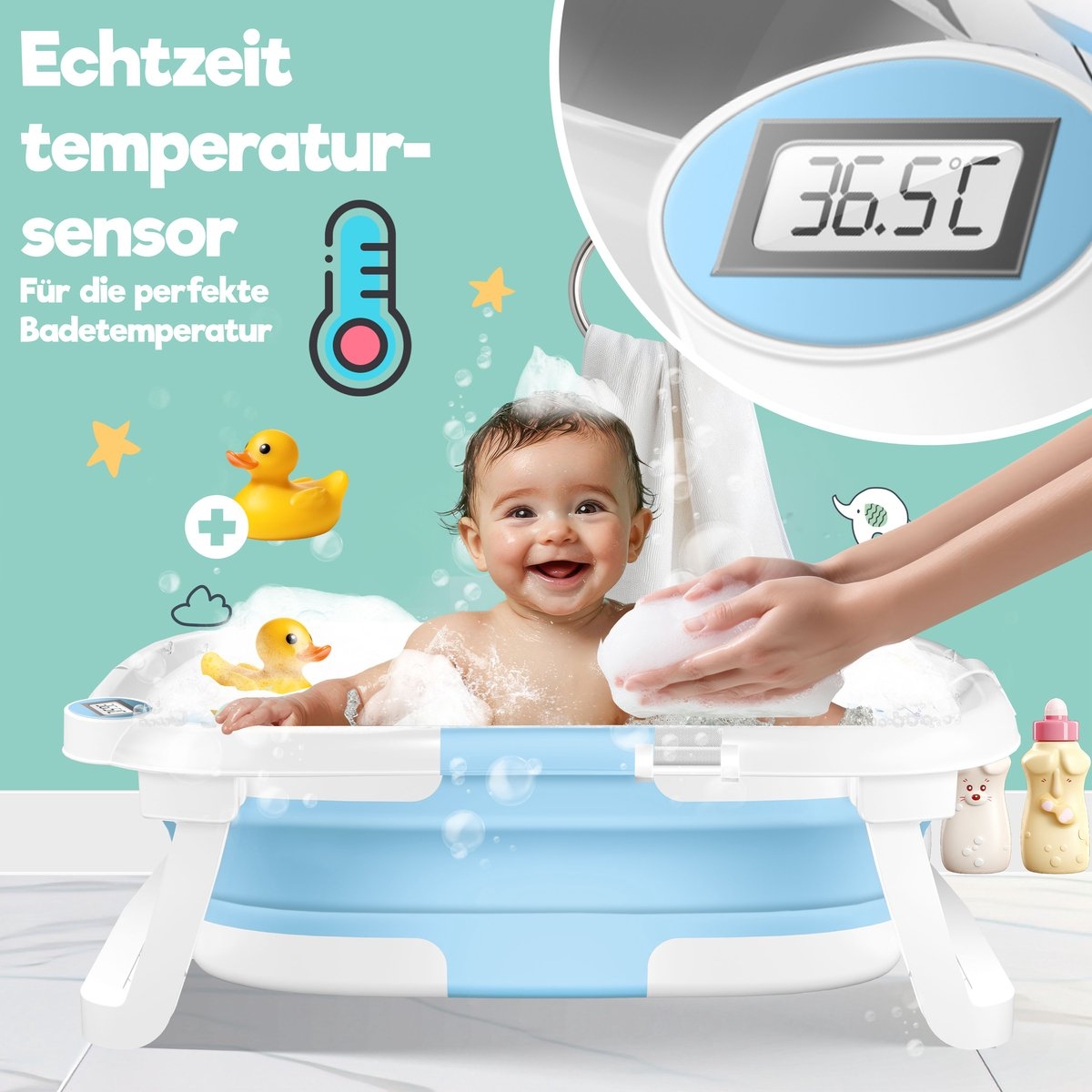 Babybadje met thermometer - zacht badkussen en afvoer - voor baby's van 0-12 maanden - blauw - Afbeelding 4
