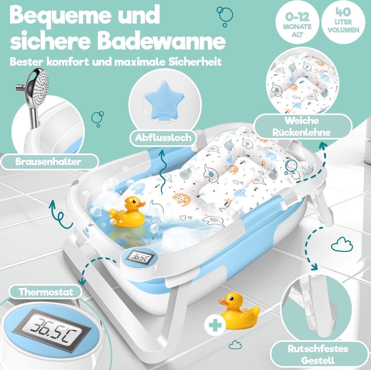 Babybadje met thermometer - zacht badkussen en afvoer - voor baby's van 0-12 maanden - blauw - Afbeelding 6