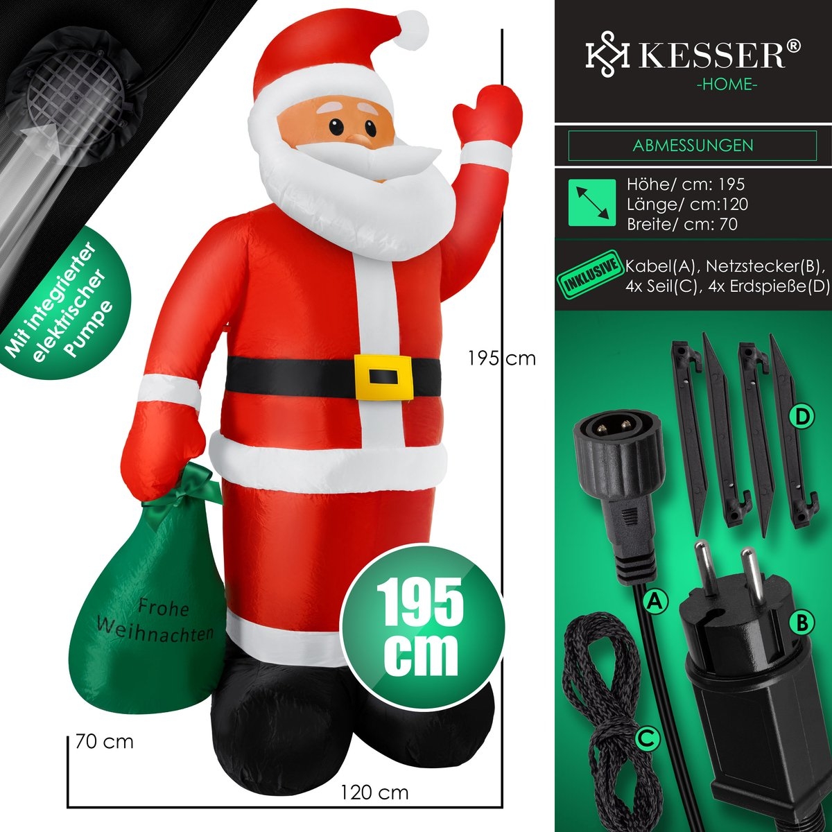 Opblaasbare Kerstman LED Verlicht - 195 cm - kerstdecoratie / Kerstversiering - met bevestigingsmateriaal, weerbestendig IP44 - Afbeelding 3