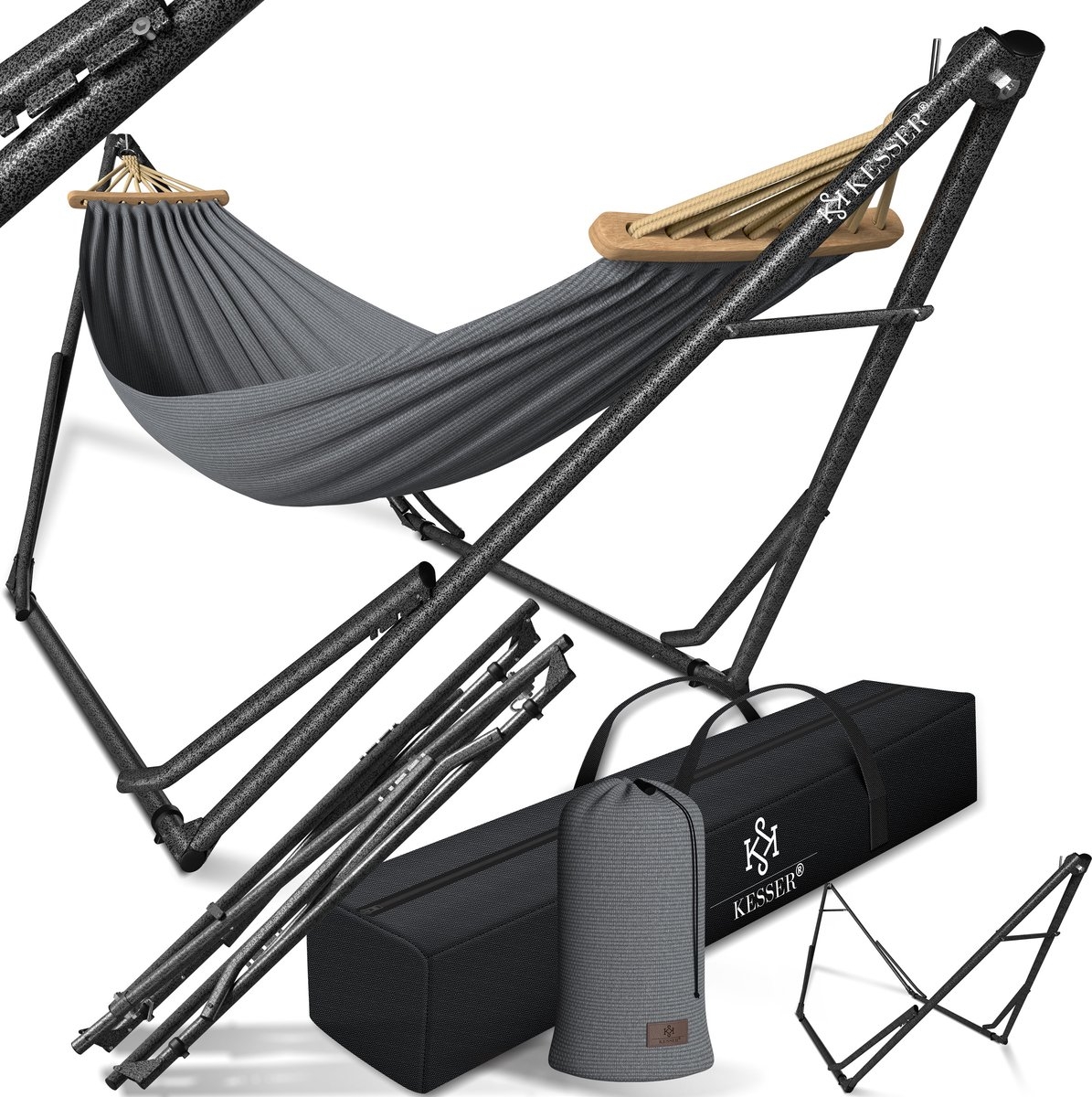 Hangmat Vill - max 255 cm - metalen frame - max 120 kg - grijs