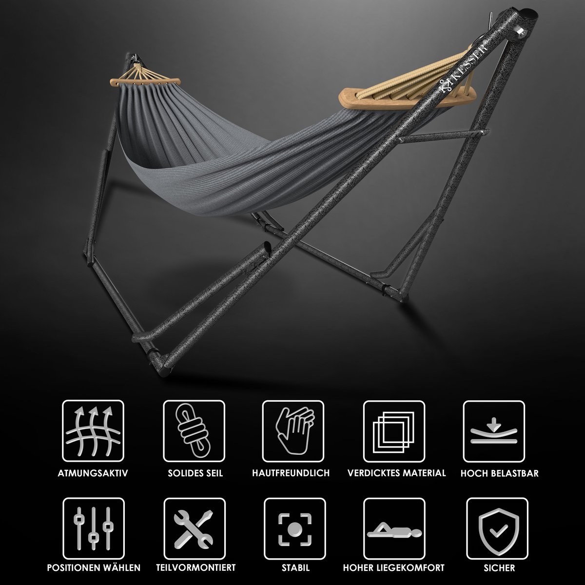 Hangmat Vill - max 255 cm - metalen frame - max 120 kg - grijs - Afbeelding 2