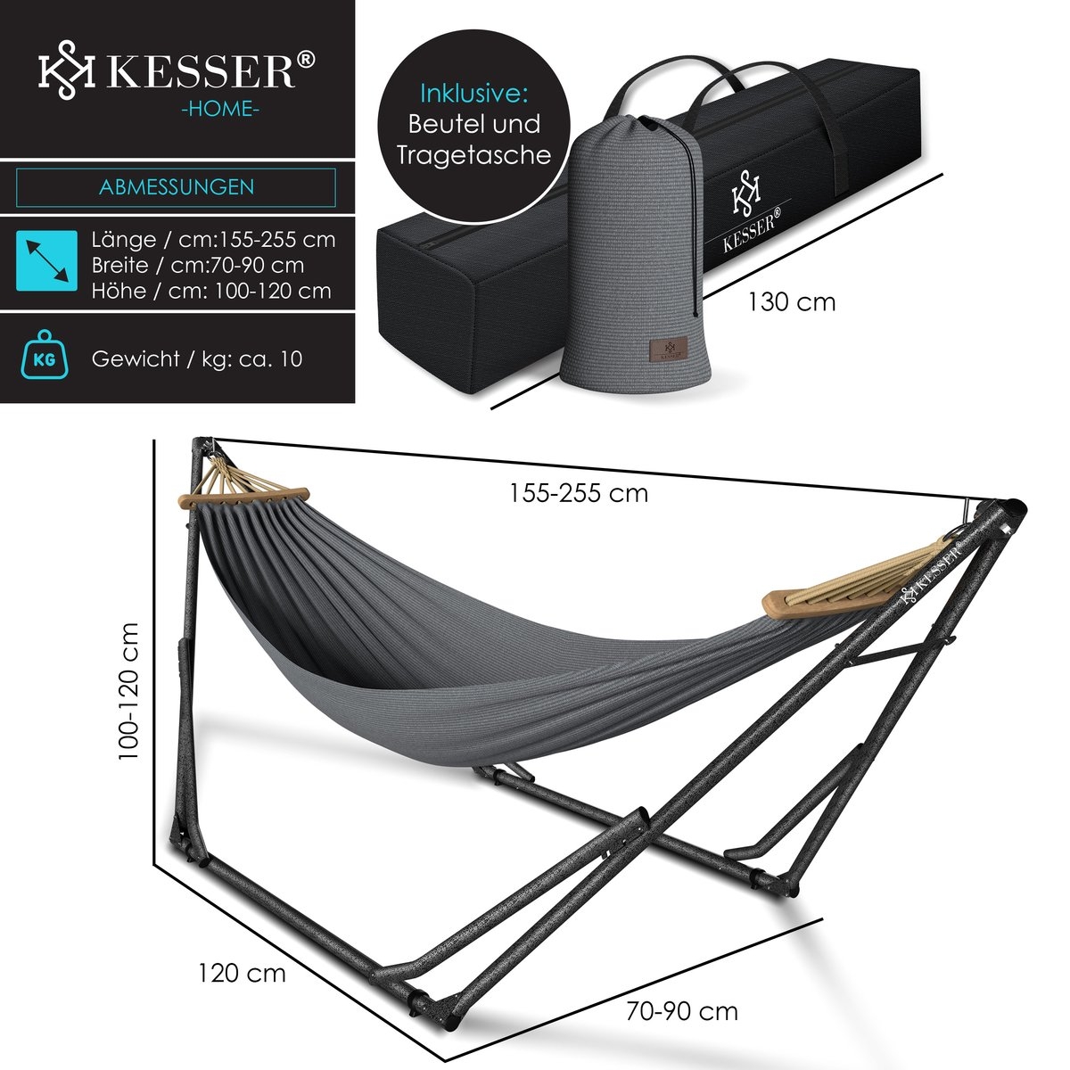 Hangmat Vill - max 255 cm - metalen frame - max 120 kg - grijs - Afbeelding 7