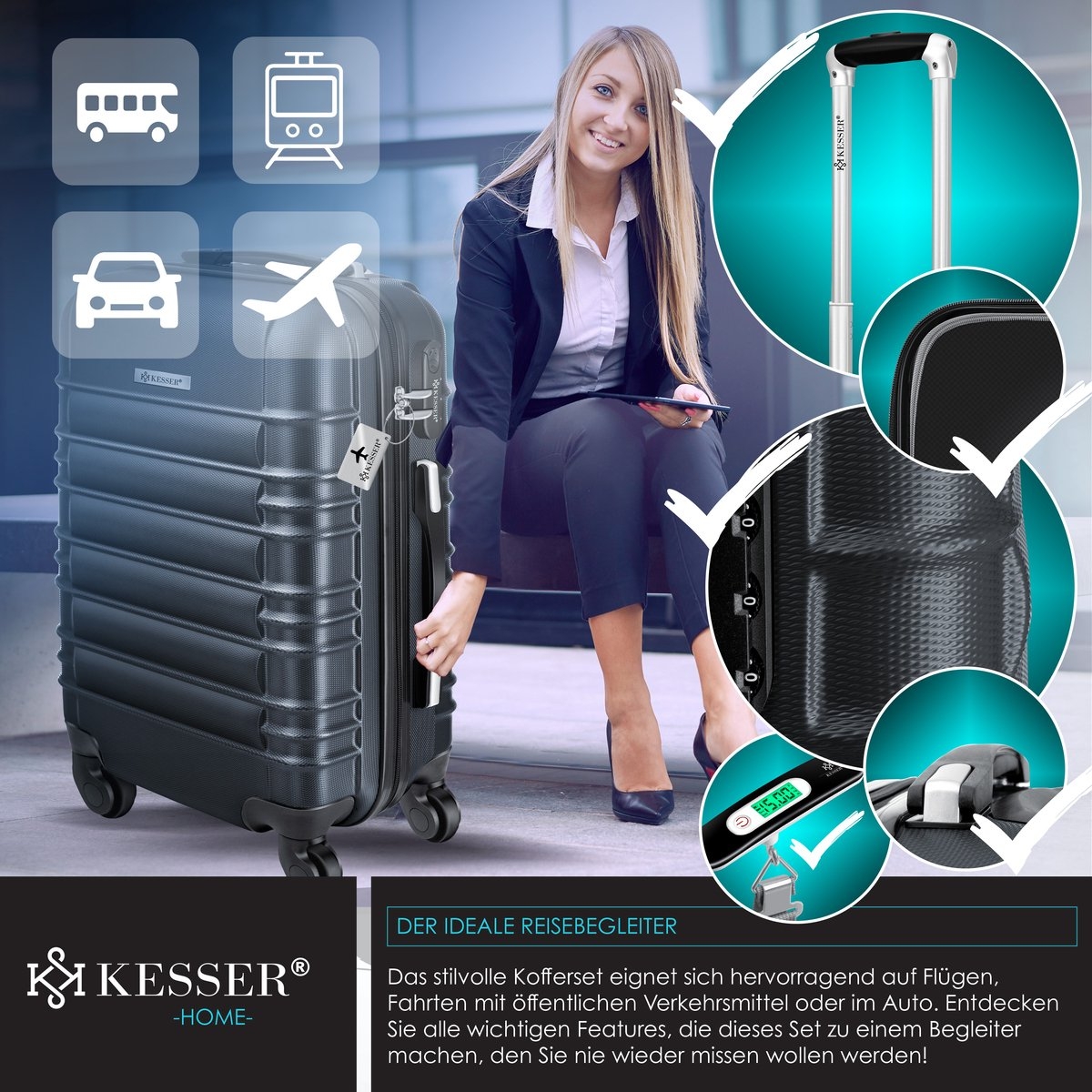 4 delige kofferset - antraciet - met wielen - hardcase - 4 koffers - met slot - Afbeelding 3