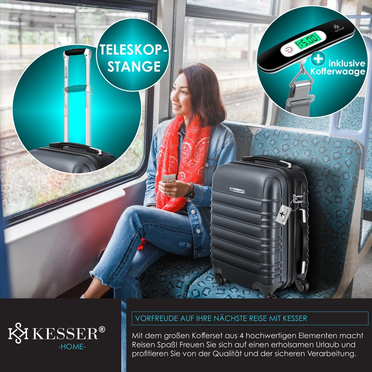 4 delige kofferset - antraciet - met wielen - hardcase - 4 koffers - met slot - Afbeelding 4