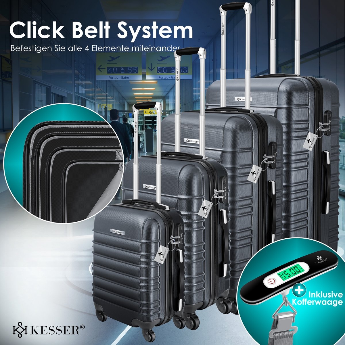 4 delige kofferset - antraciet - met wielen - hardcase - 4 koffers - met slot - Afbeelding 5