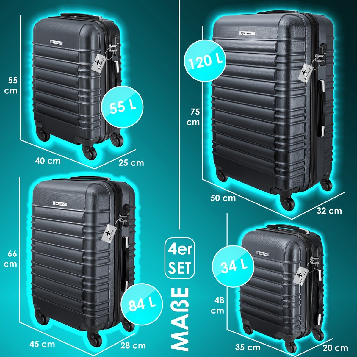 4 delige kofferset - antraciet - met wielen - hardcase - 4 koffers - met slot - Afbeelding 8