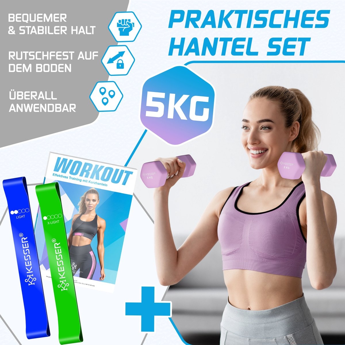Dumbells Set - 2 stuks / 2x fitnessbanden, 2 x 5 kg - totaal 10 kg - paars - Afbeelding 3