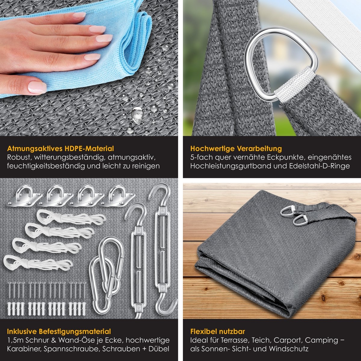 Schaduwdoek – zonnezeil – zonwering – 4×3 meter – rechthoekig – grijs – voor tuin balkon en terras - Afbeelding 3