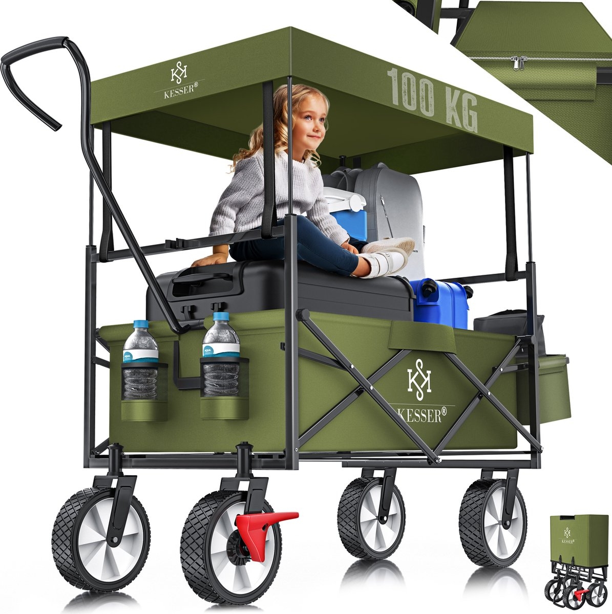 Bolderkar - opvouwbaar - tot 100 kg draagvermogen - massieve banden - khaki groen - Afbeelding 5