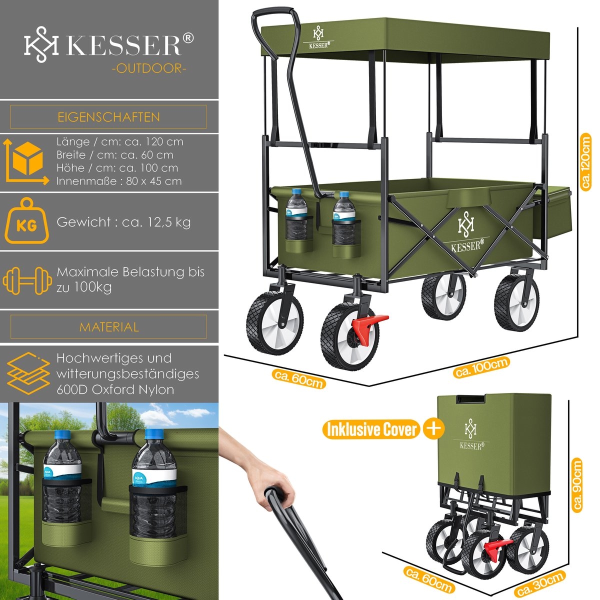 Bolderkar - opvouwbaar - tot 100 kg draagvermogen - massieve banden - khaki groen - Afbeelding 10