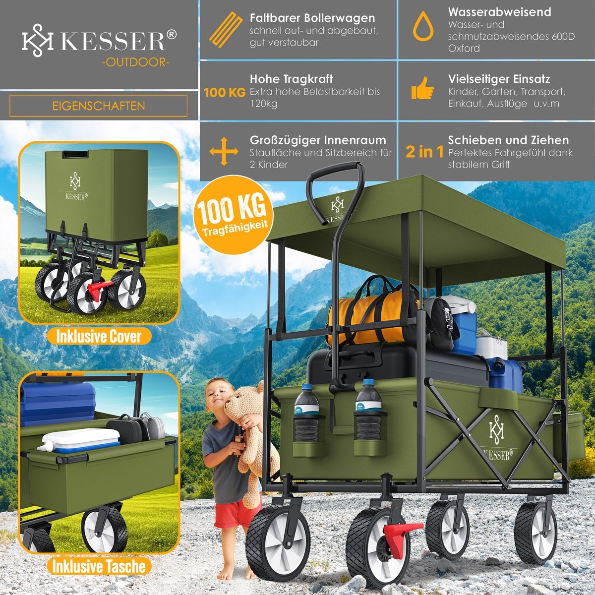 Bolderkar - opvouwbaar - tot 100 kg draagvermogen - massieve banden - khaki groen - Afbeelding 13