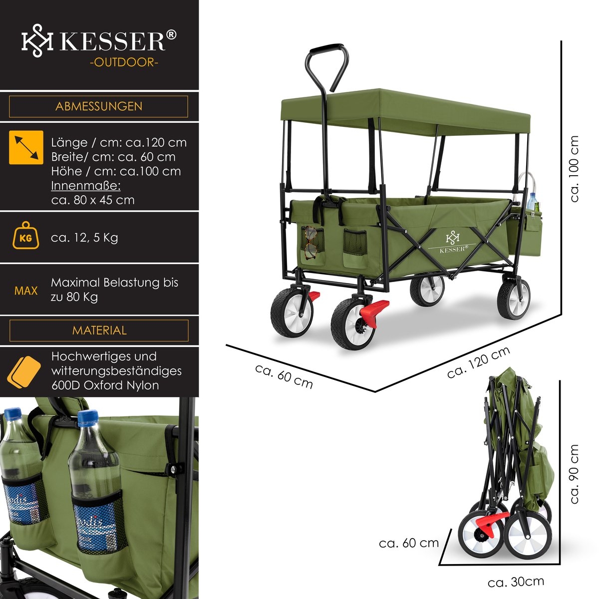 Bolderkar - opvouwbaar - tot 100 kg draagvermogen - massieve banden - khaki groen - Afbeelding 16