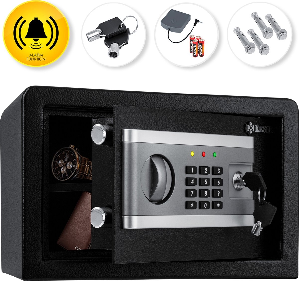 Elektrische kluis met cijferslot en sleutel – 31x20x20 cm – boutvergrendeling vloer of wand – metaal – zwart