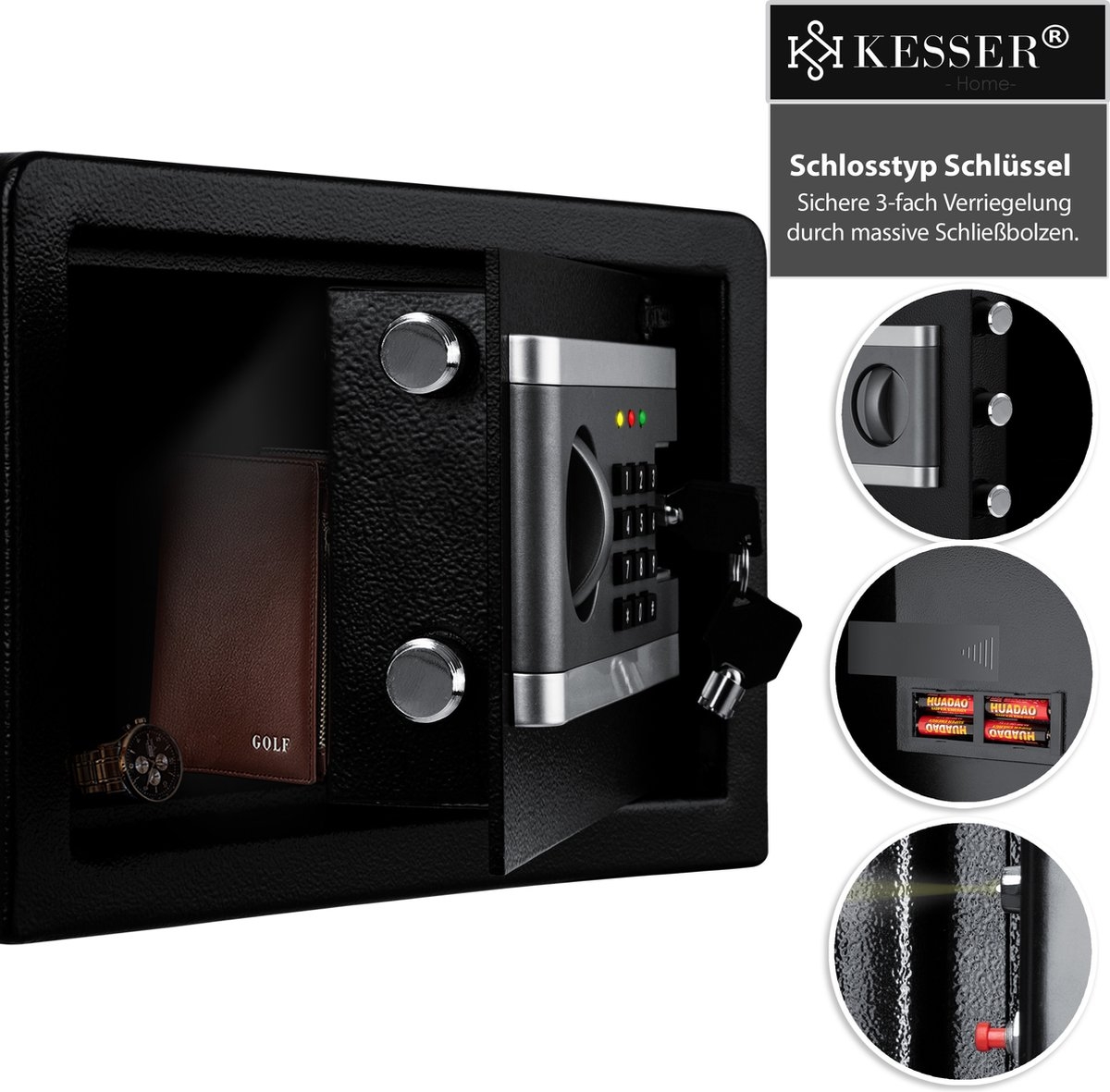 Elektrische kluis met cijferslot en sleutel – 31x20x20 cm – boutvergrendeling vloer of wand – metaal – zwart - Afbeelding 5