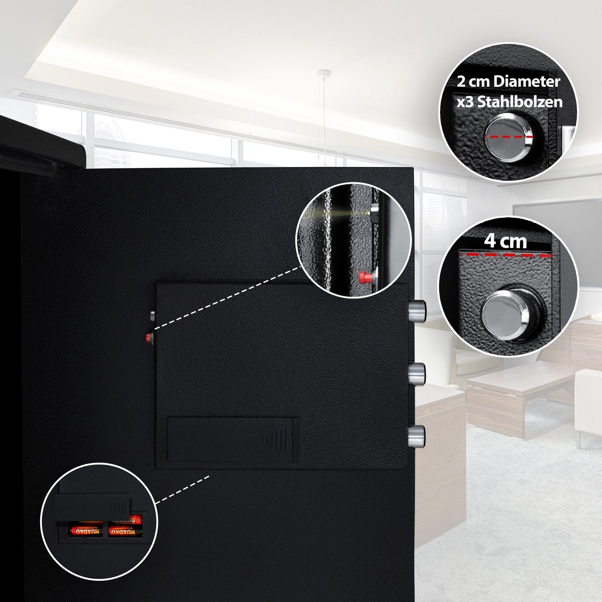 Elektrische kluis met cijferslot en sleutel – 31x20x20 cm – boutvergrendeling vloer of wand – metaal – zwart - Afbeelding 6