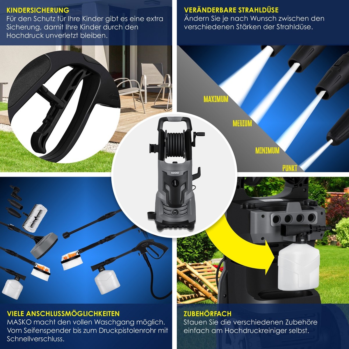 Hogedrukreiniger 2200 Watt - 165 bar - 450 l/u - met haspel - 10m slang - met accessoire set - Afbeelding 3