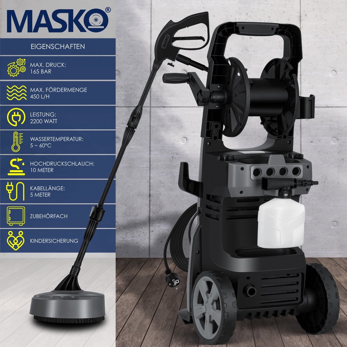 Hogedrukreiniger 2200 Watt - 165 bar - 450 l/u - met haspel - 10m slang - met accessoire set - Afbeelding 5