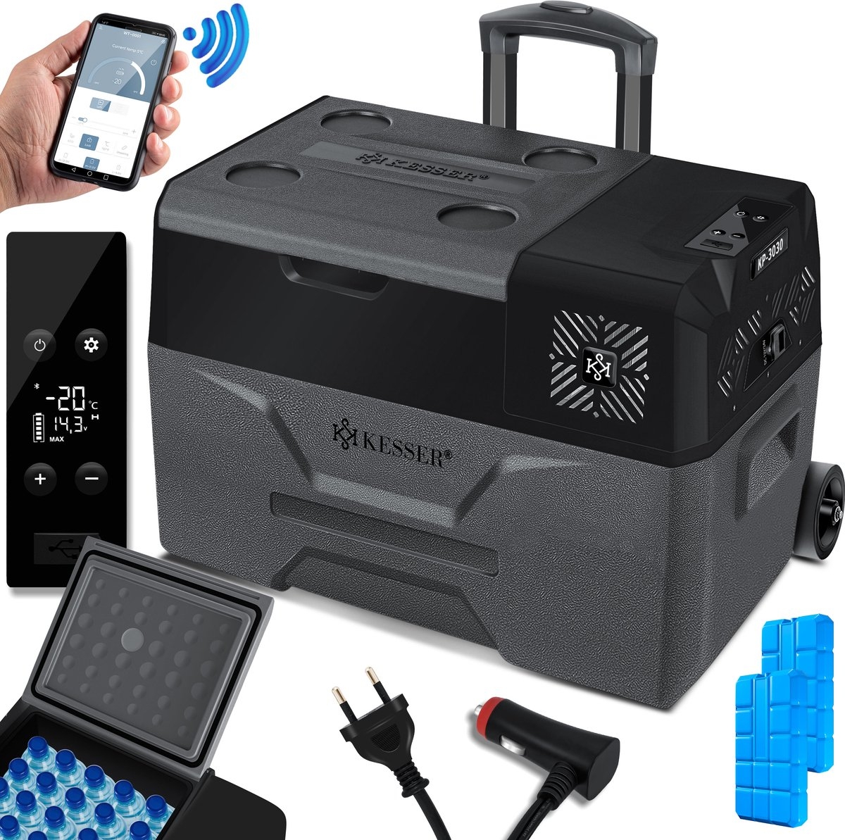 Compressor Koelbox - 30 liter - koel- en vriesvak - APP-bediening / USB-aansluiting 12/24V en 230V - voor auto, vrachtwagen, boot, camper, camping - zwart / grijs