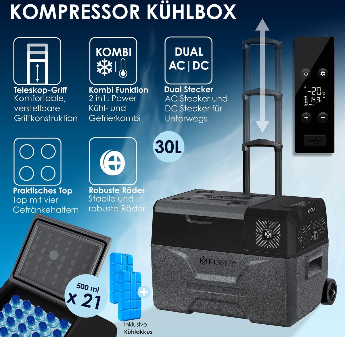 Compressor Koelbox - 30 liter - koel- en vriesvak - APP-bediening / USB-aansluiting 12/24V en 230V - voor auto, vrachtwagen, boot, camper, camping - zwart / grijs - Afbeelding 6