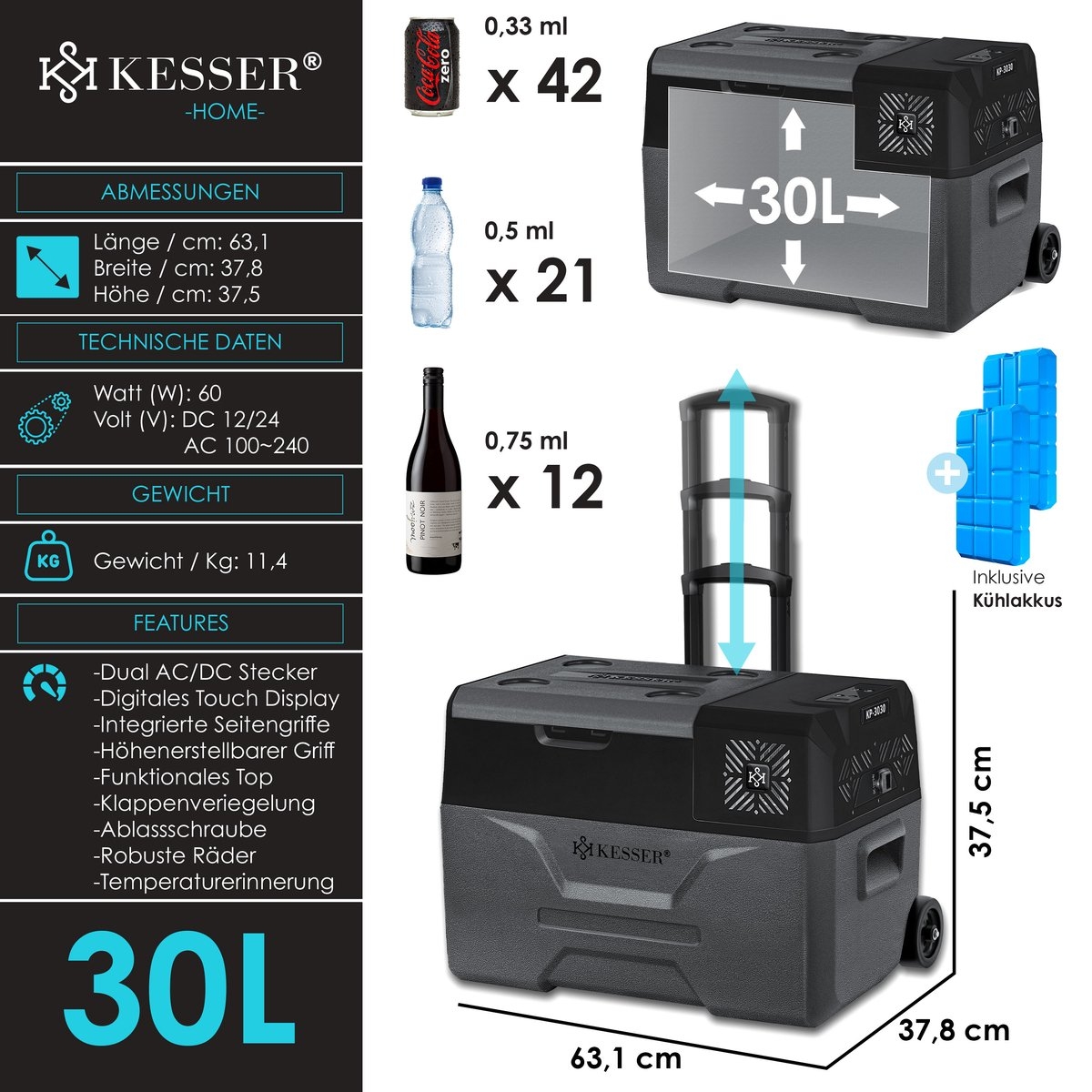 Compressor Koelbox - 30 liter - koel- en vriesvak - APP-bediening / USB-aansluiting 12/24V en 230V - voor auto, vrachtwagen, boot, camper, camping - zwart / grijs - Afbeelding 8