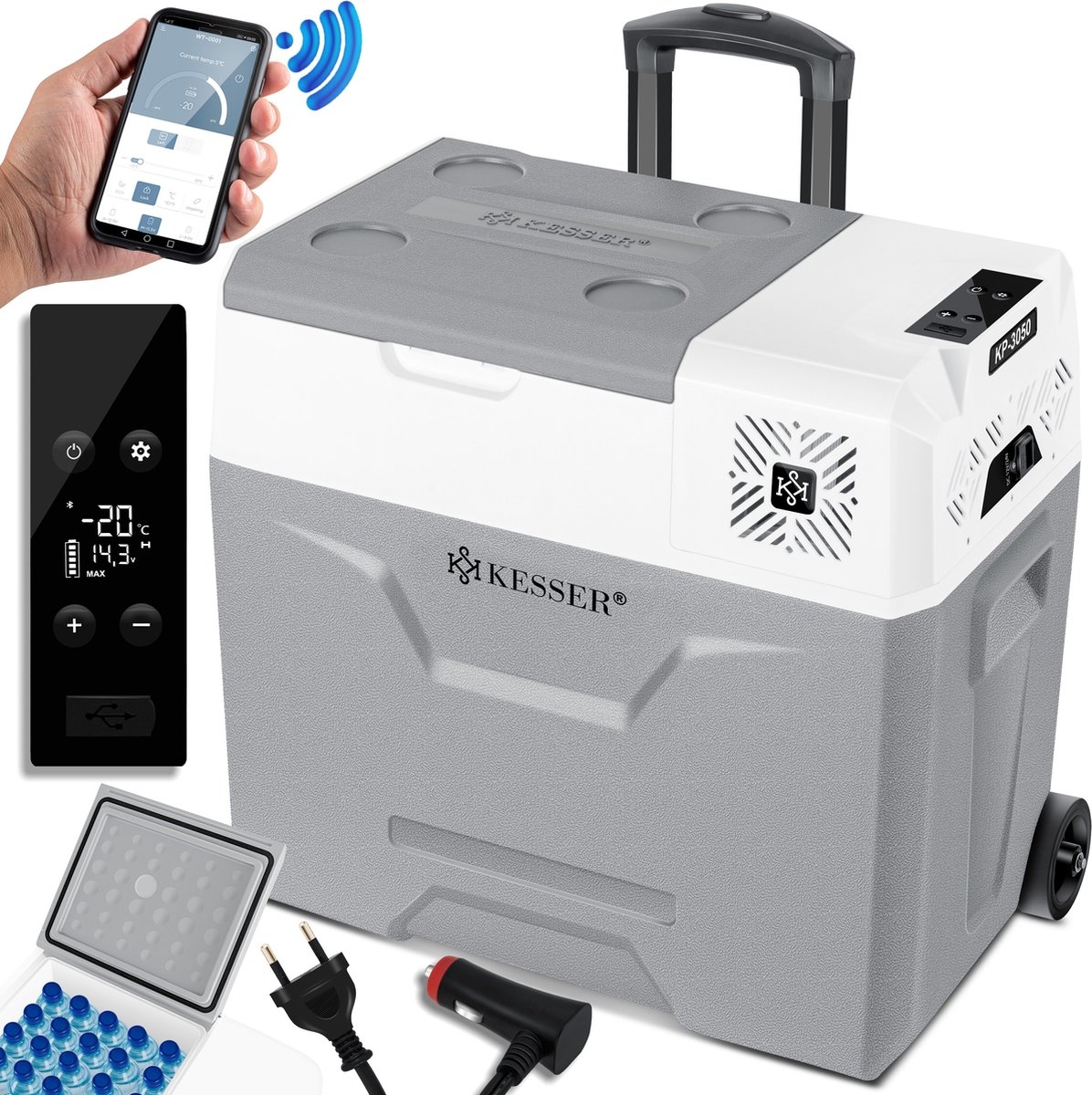 Compressor koelbox - 50 liter - koel- en vriesfunctie - met APP-bediening en USB-aansluiting - 12/24V en 230V - voor auto, vrachtwagen, boot, camper, camping - grijs