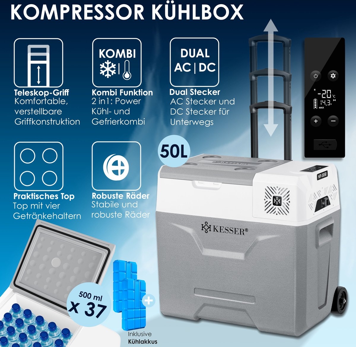 Compressor koelbox - 50 liter - koel- en vriesfunctie - met APP-bediening en USB-aansluiting - 12/24V en 230V - voor auto, vrachtwagen, boot, camper, camping - grijs - Afbeelding 3