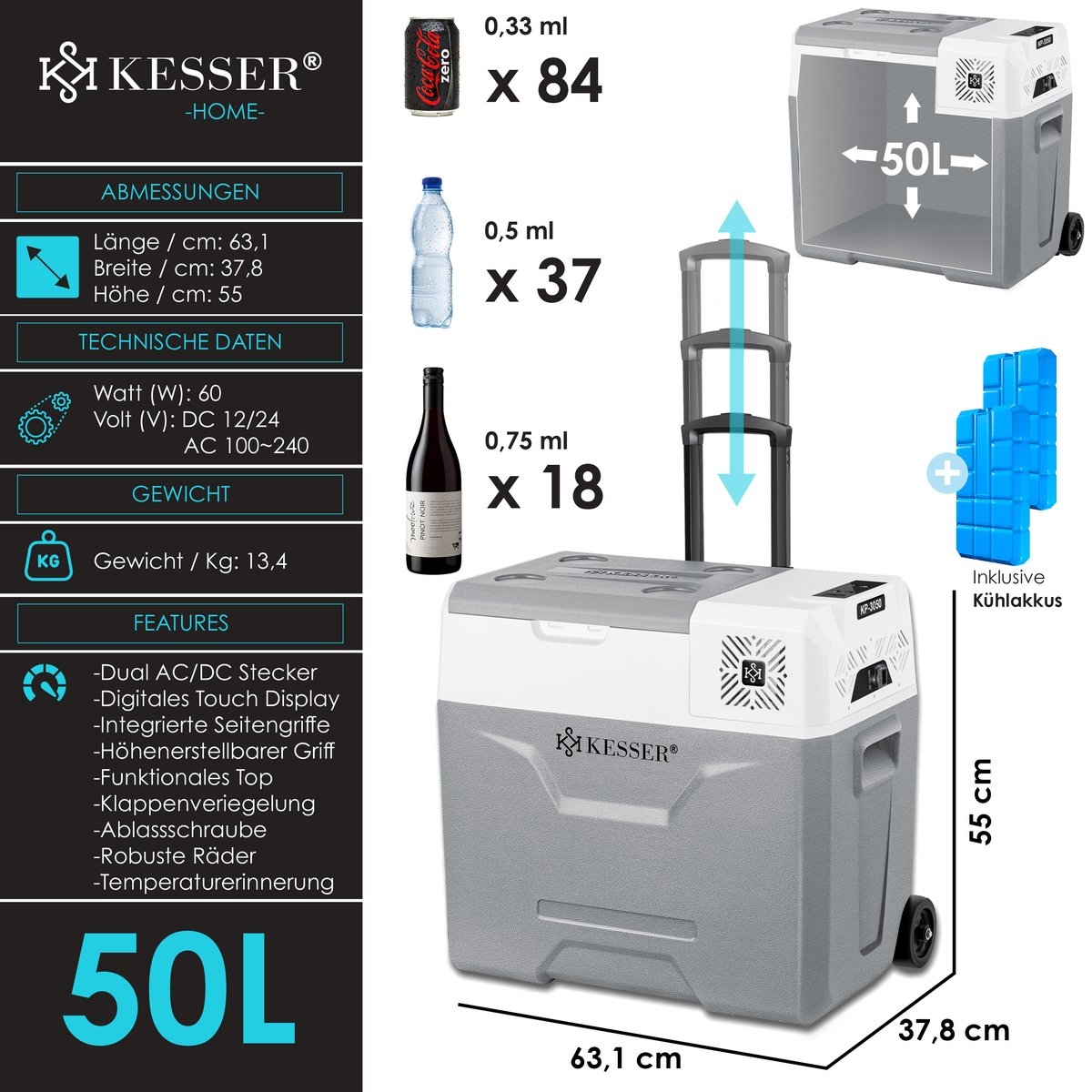 Compressor koelbox - 50 liter - koel- en vriesfunctie - met APP-bediening en USB-aansluiting - 12/24V en 230V - voor auto, vrachtwagen, boot, camper, camping - grijs - Afbeelding 4