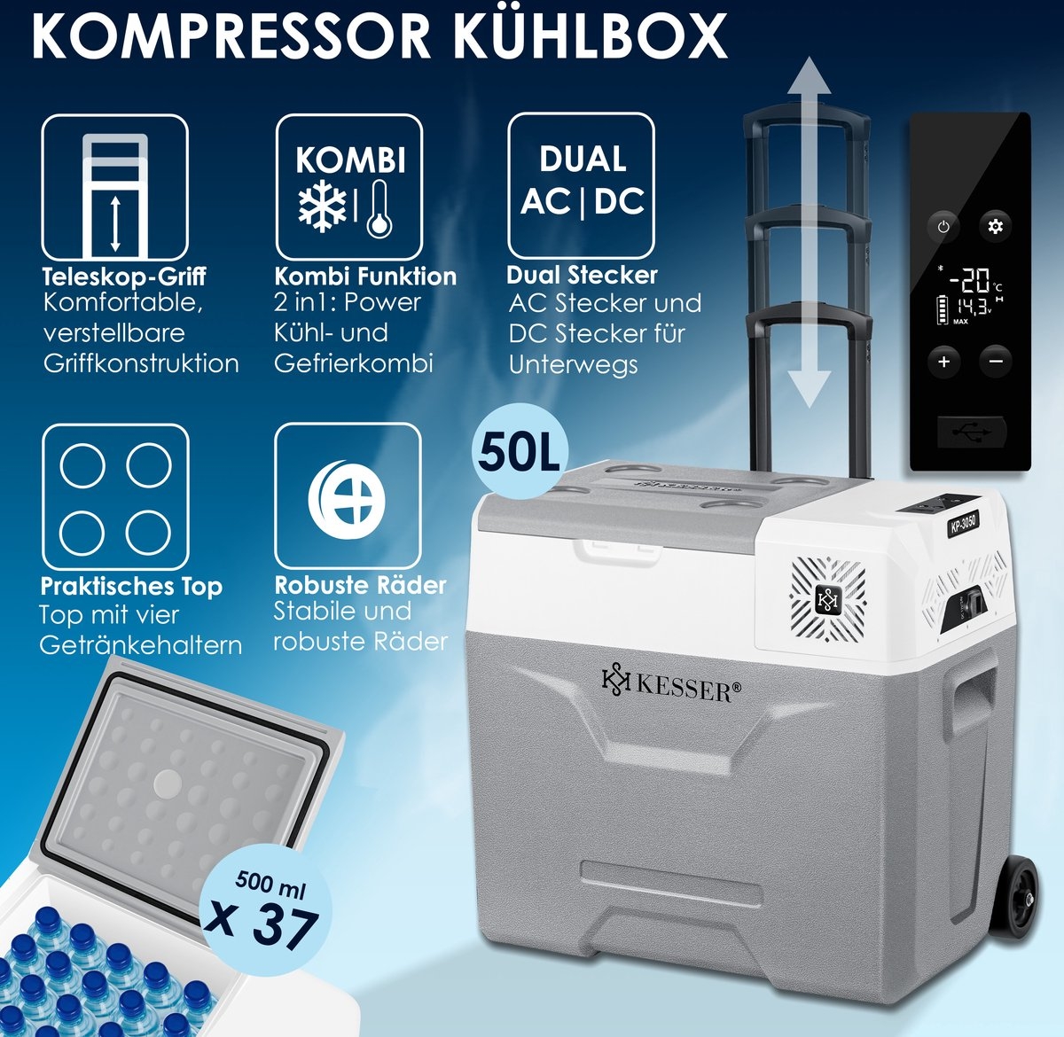 Compressor koelbox - 50 liter - koel- en vriesfunctie - met APP-bediening en USB-aansluiting - 12/24V en 230V - voor auto, vrachtwagen, boot, camper, camping - grijs - Afbeelding 11